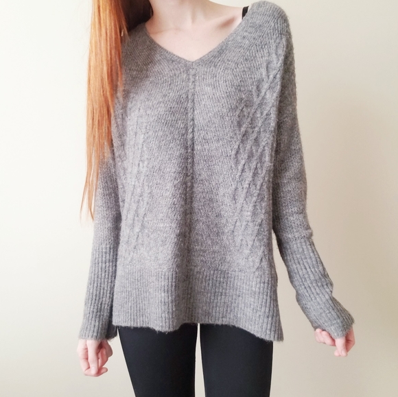 Elle Gray Soft Stretchy Plush V-Neck Sweater - Picture 3 of 8